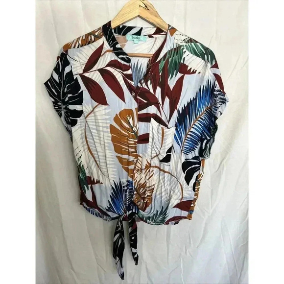 Karlie Tie Front Tropical Palm Print Shell Buttons Top Blouse Lightweight Size M - Picture 1 of 11